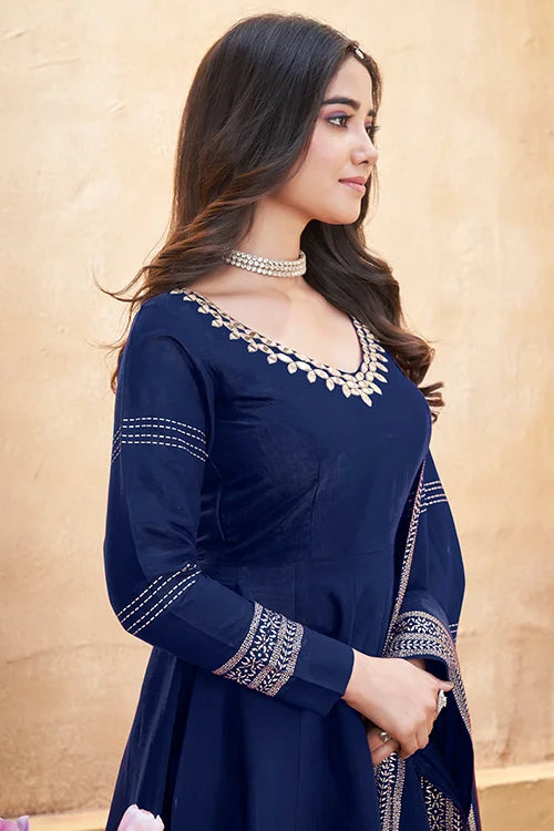 Navy Blue Roman Silk Foil Print with Mirror Work Salwar Suit For Festive