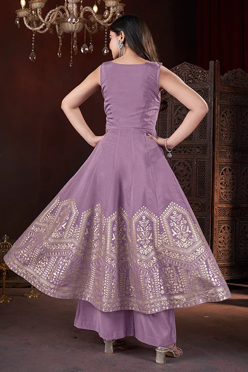 Lavender Color Art Silk Foil Print Mirror Work Ready To Wear Palazzo Salwar Suit