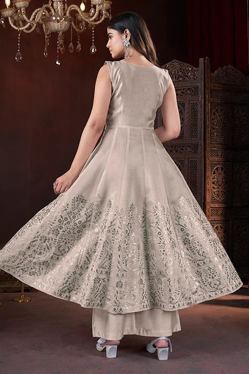 Chiku Color Art Silk Foil Print Mirror Work Ready To Wear Palazzo Salwar Suit