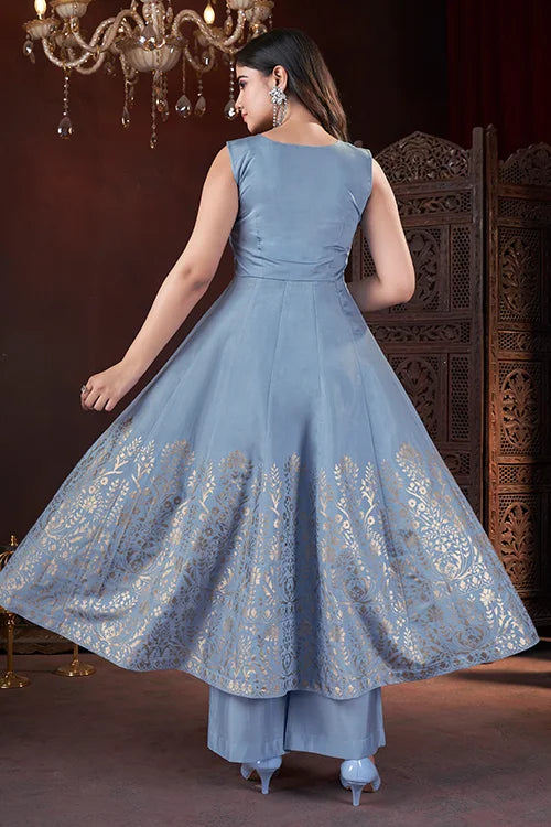 Sky Blue Color Art Silk Foil Print Mirror Work Ready To Wear Palazzo Salwar Suit