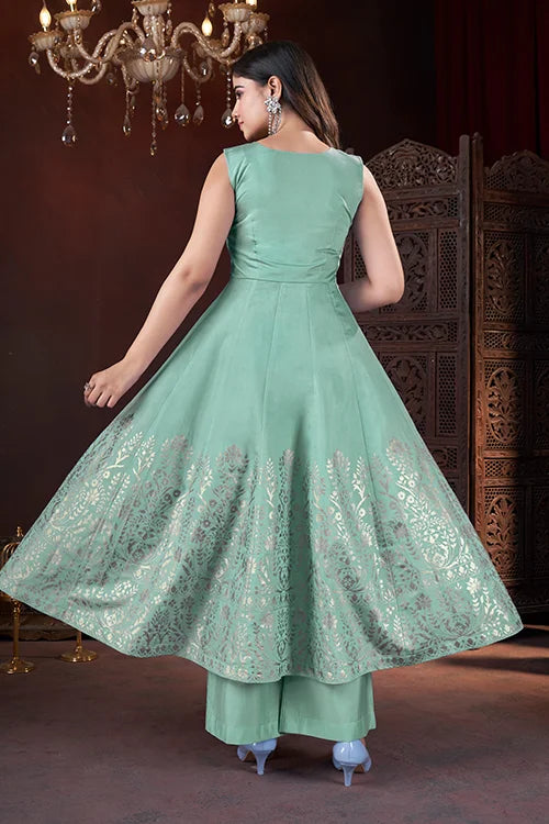 Pista Color Art Silk Foil Print Mirror Work Ready To Wear Palazzo Salwar Suit