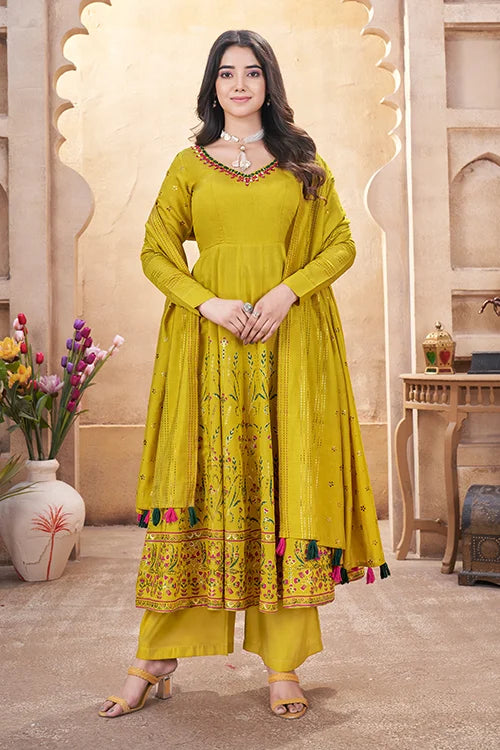 Yellow Foil Print Haldi Ceremony Salwar Suit with Mirror Work