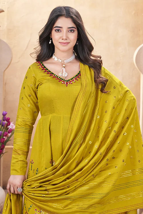 Yellow Foil Print Haldi Ceremony Salwar Suit with Mirror Work