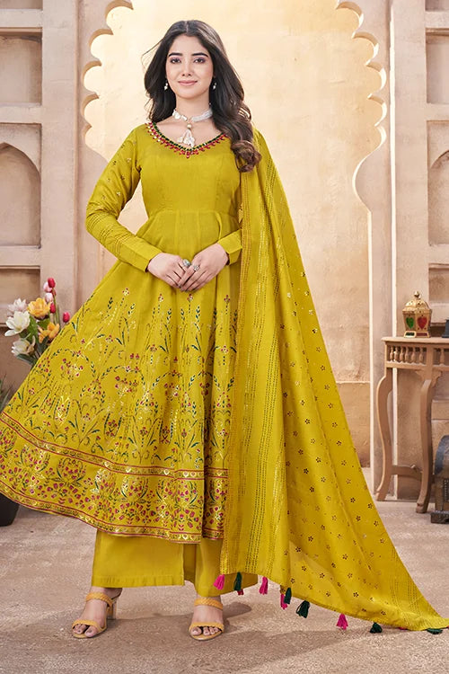 Yellow Foil Print Haldi Ceremony Salwar Suit with Mirror Work