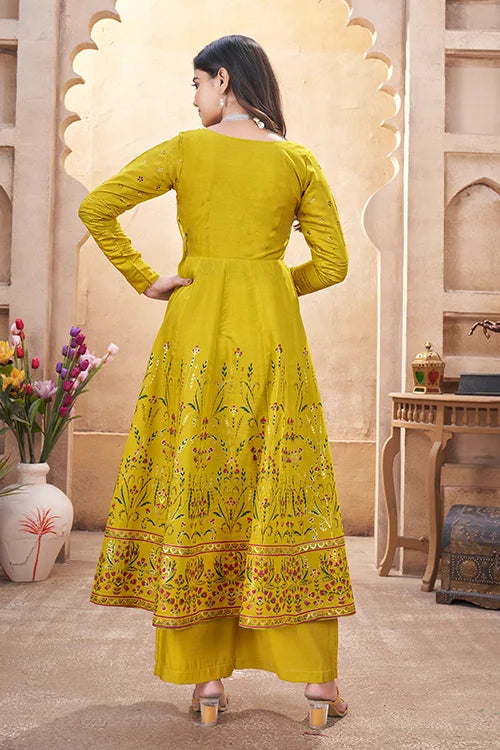 Yellow Foil Print Haldi Ceremony Salwar Suit with Mirror Work