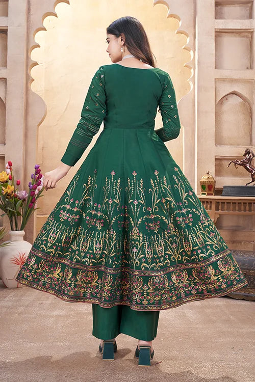 Green Foil Print Mehandi Ceremony Salwar Suit with Mirror Work