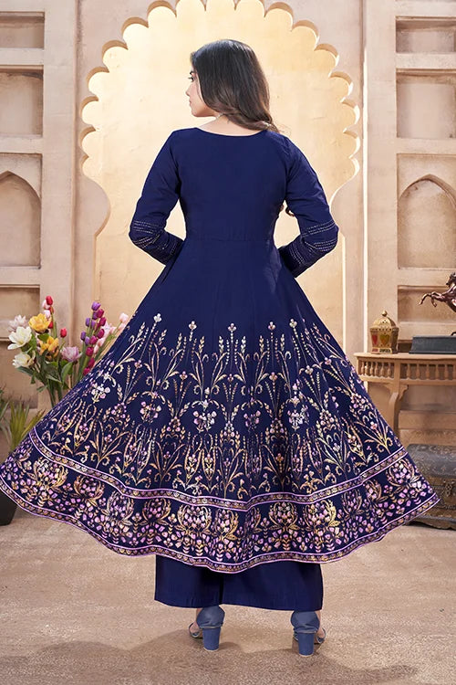 Navy Blue Foil Print Royal Look Festival, Salwar Suit with Mirror Work