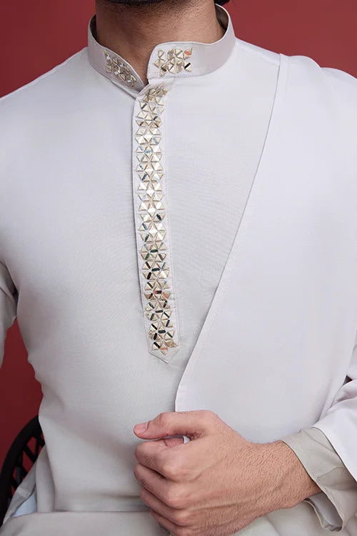 Men’s Beige Kurta Embroidered with Real Mirror Work