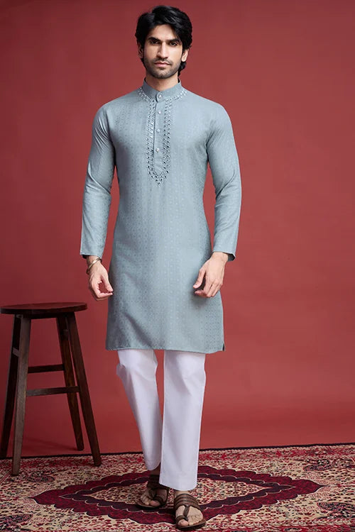 Light Grey Mirror Embroidery Work Kurta Perfect for Special Occasions
