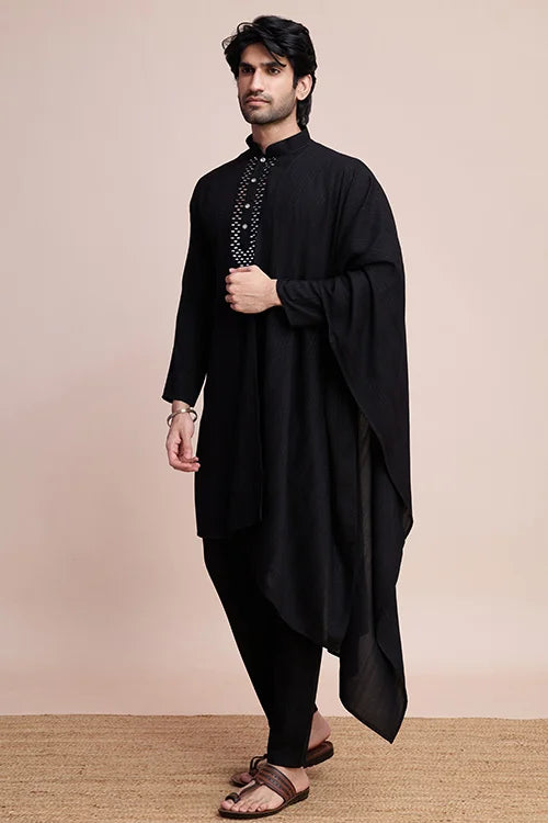Black Men's Mirror Work Kurta On Self Jari Weaving Party Wear