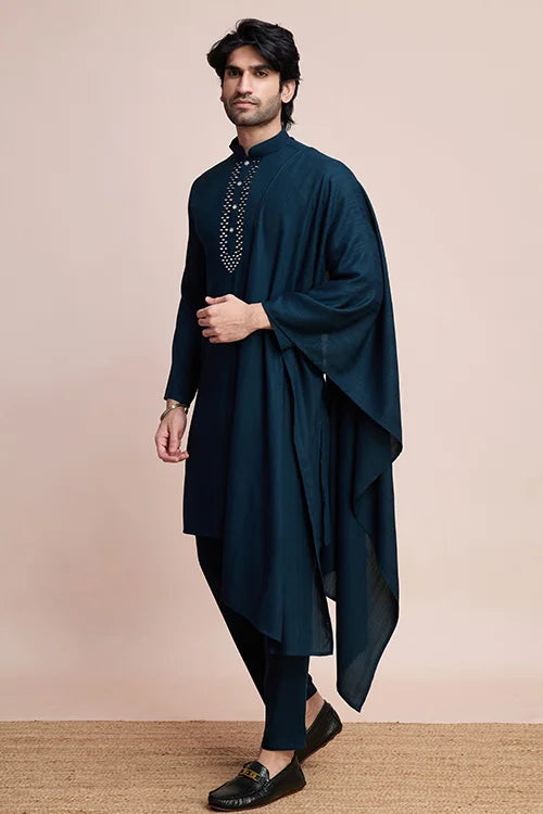 Teal Blue Men's Mirror Work Kurta On Self Jari Weaving Party Wear