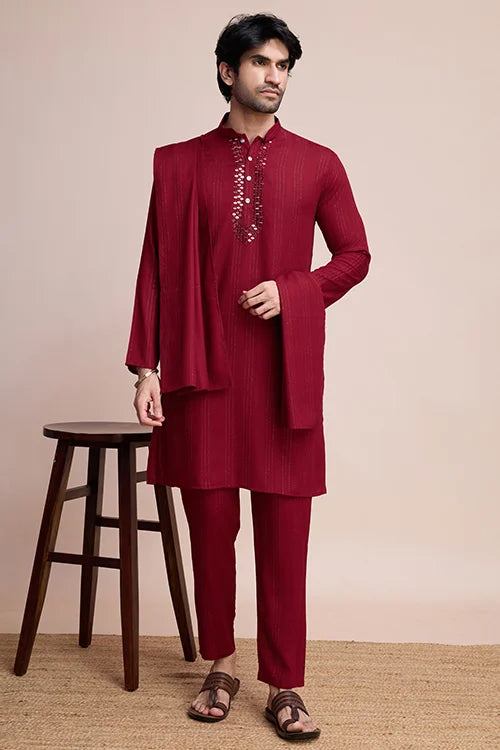 Maroon Men's Mirror Work Kurta On Self Jari Weaving Party Wear