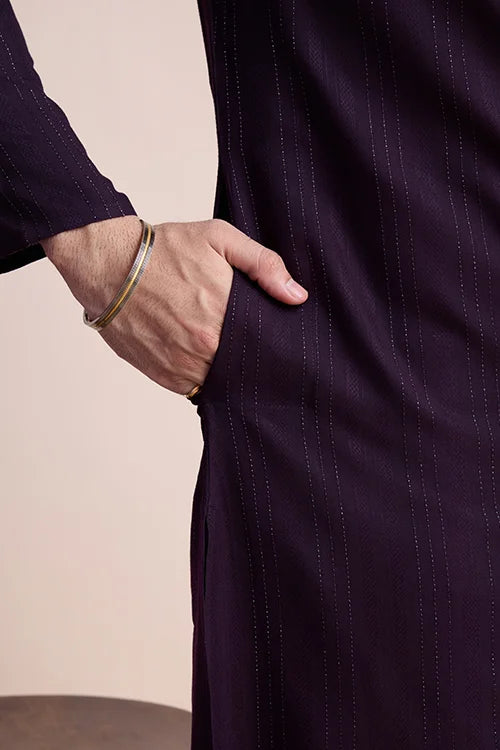 Purple Men's Mirror Work Kurta On Self Jari Weaving Party Wear