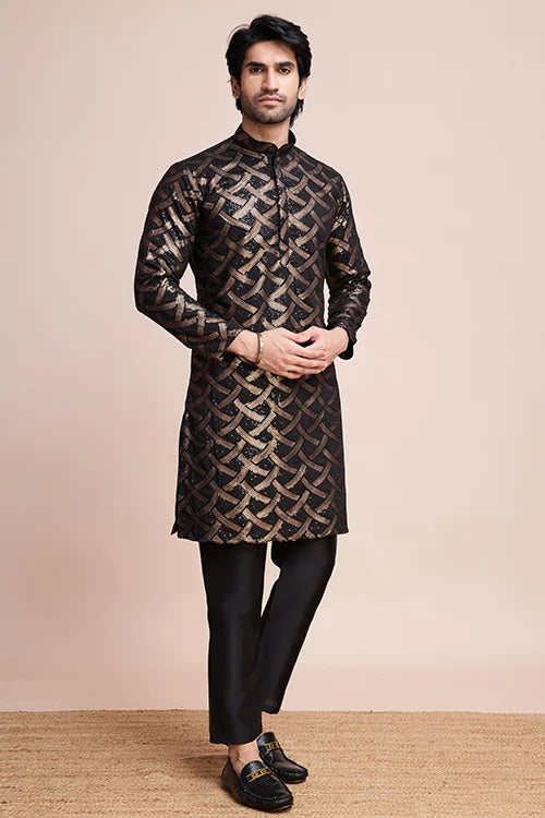 Men's Black Embroidery Work Silk Festival Kurta Ready Wear