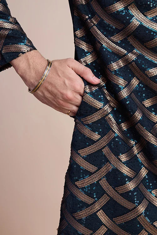 Navy Festival Men's Embroidery Work Silk Kurta