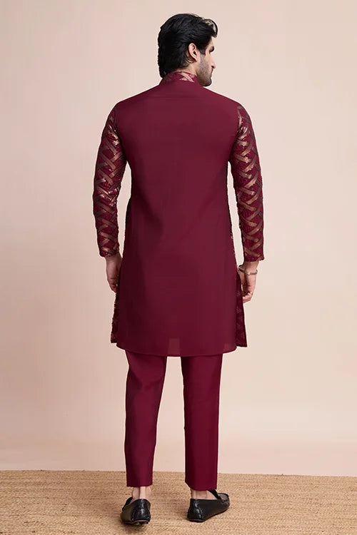 Maroon Festival Men's Embroidery Work Silk Kurta