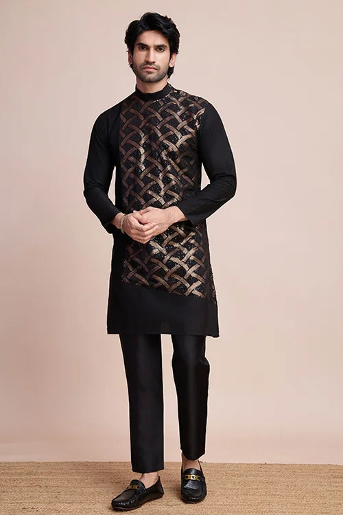 Black Silk Embroidery Thread Work Men's Wear Sangeet Sandhya Kurta