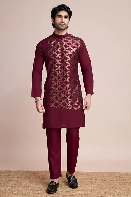 Maroon Silk Fabric Men's Kurta Embroidery Work Wedding Events
