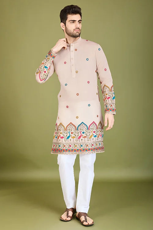 Ivory Designer Men's Wear Kurta Viscose Silk