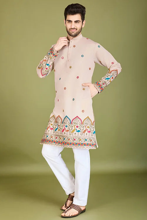 Ivory Designer Men's Wear Kurta Viscose Silk