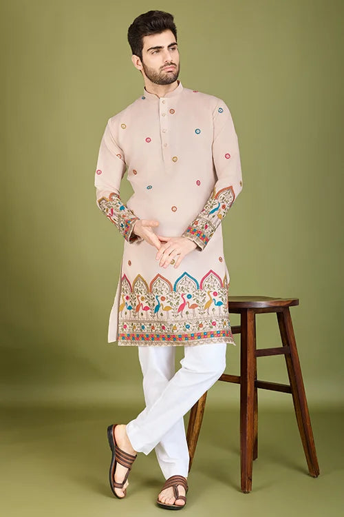 Ivory Designer Men's Wear Kurta Viscose Silk