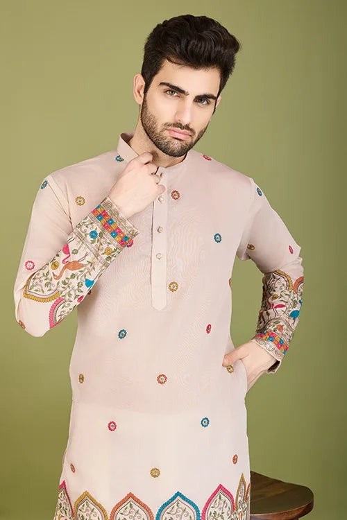 Ivory Designer Men's Wear Kurta Viscose Silk