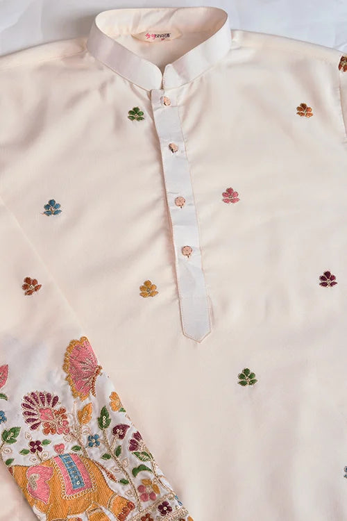 Mens Wear Kurta White Color Heavy Embroidered with Cotton Fabric