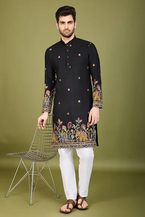 Men's Wear Kurta Black Color Heavy Embroidered with Cotton Fabric