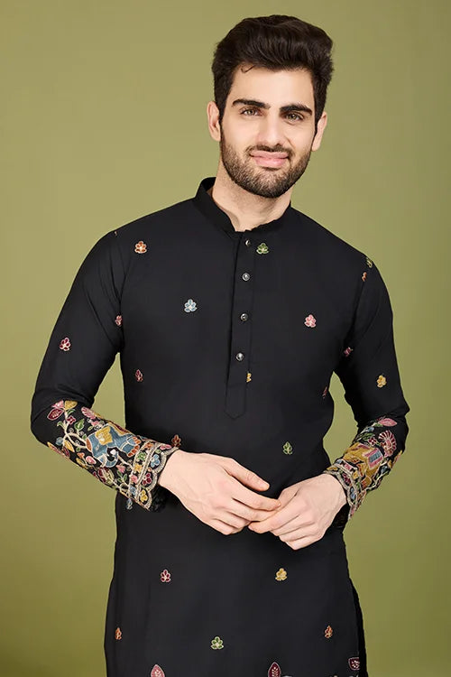 Men's Wear Kurta Black Color Heavy Embroidered with Cotton Fabric