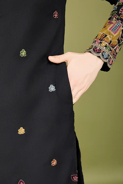 Men's Wear Kurta Black Color Heavy Embroidered with Cotton Fabric