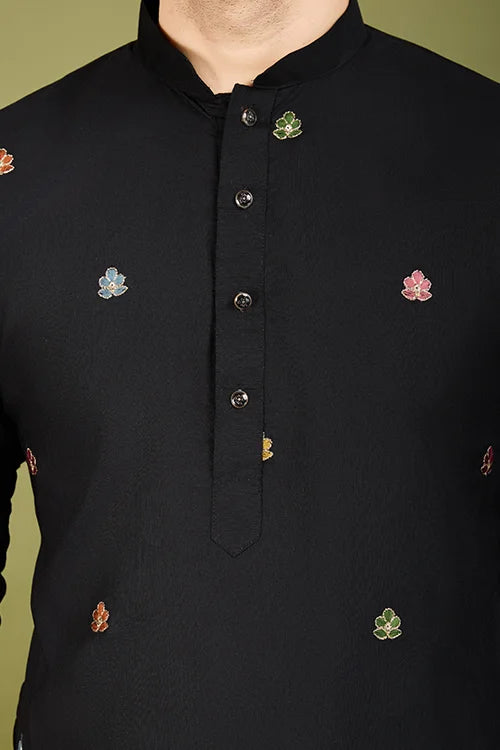 Men's Wear Kurta Black Color Heavy Embroidered with Cotton Fabric