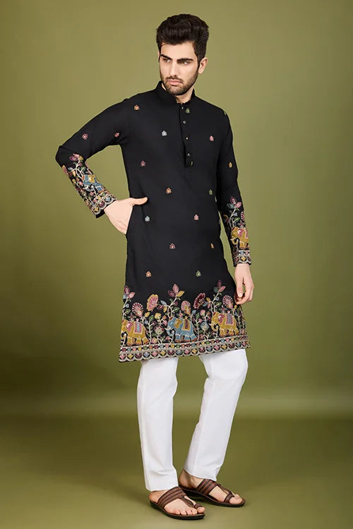 Men's Wear Kurta Black Color Heavy Embroidered with Cotton Fabric