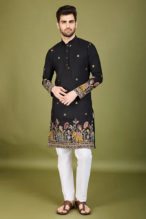 Men's Wear Kurta Black Color Heavy Embroidered with Cotton Fabric