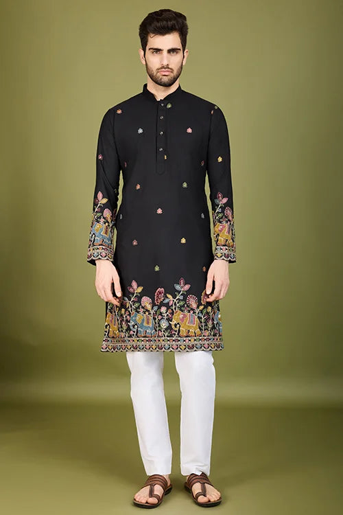 Men's Wear Kurta Black Color Heavy Embroidered with Cotton Fabric