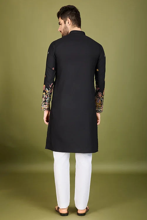 Men's Wear Kurta Black Color Heavy Embroidered with Cotton Fabric
