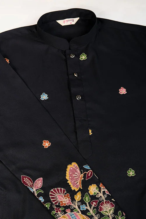 Men's Wear Kurta Black Color Heavy Embroidered with Cotton Fabric