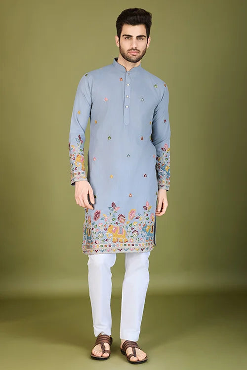Men's Wear Kurta Sky Color Heavy Embroidered with Cotton Fabric