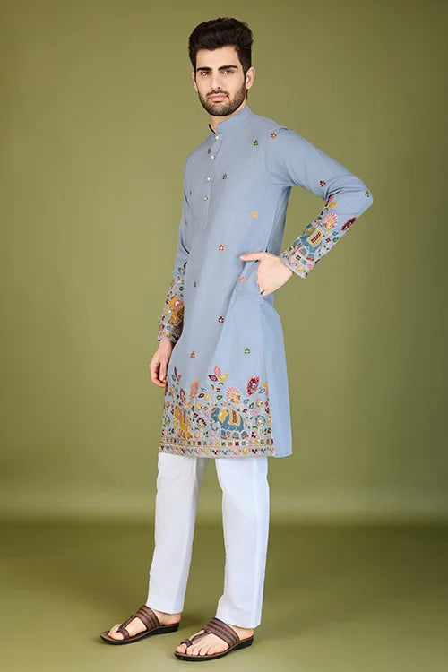 Men's Wear Kurta Sky Color Heavy Embroidered with Cotton Fabric