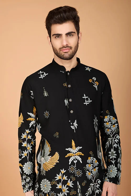 Black Designer Viscose Rayon Thread Work Kurta Men's Kurta Online
