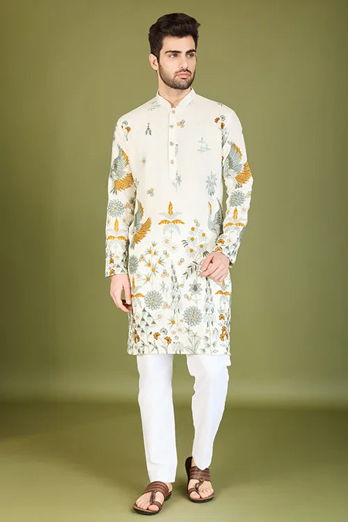 White Designer Viscose Rayon Floral Thread Work Kurta Men's Kurta Online
