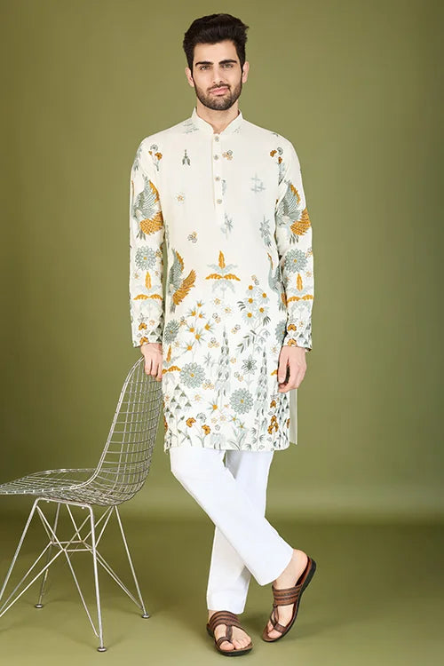 White Designer Viscose Rayon Floral Thread Work Kurta Men's Kurta Online