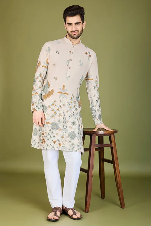 Ivory Designer Viscose Rayon Thread Work Kurta Men's Kurta Online