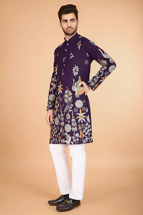 Royal Purple Designer Viscose Rayon Thread Sequence Work Kurta Men's Kurta Online