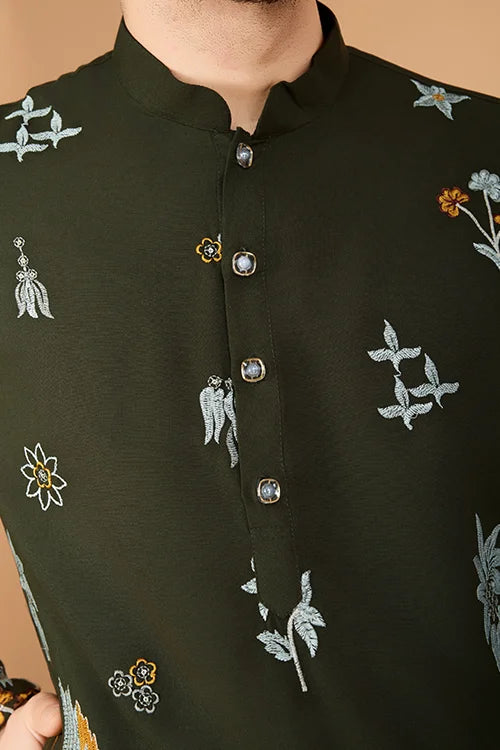 Olive Green Designer Viscose Rayon Thread Sequence Work Kurta Men's Kurta Haldi Festivel