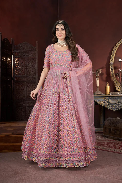 Hot Pink Net Gown with Embroidered, Fancy, Mirror and Thread Work