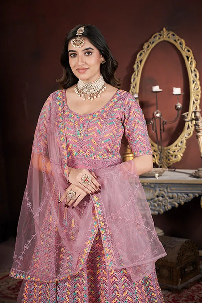 Hot Pink Net Gown with Embroidered, Fancy, Mirror and Thread Work