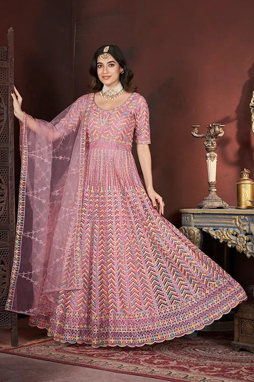 Hot Pink Net Gown with Embroidered, Fancy, Mirror and Thread Work