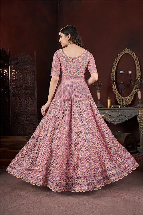 Hot Pink Net Gown with Embroidered, Fancy, Mirror and Thread Work
