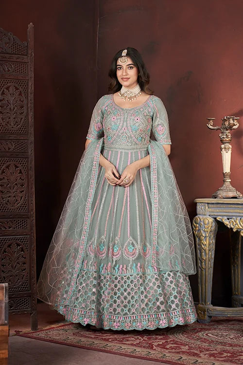 Pista Net Gown with Embroidered, Fancy, Mirror and Thread Work