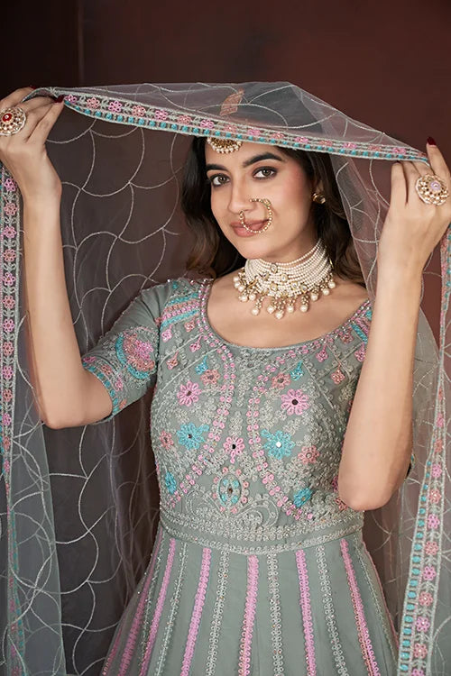 Pista Net Gown with Embroidered, Fancy, Mirror and Thread Work